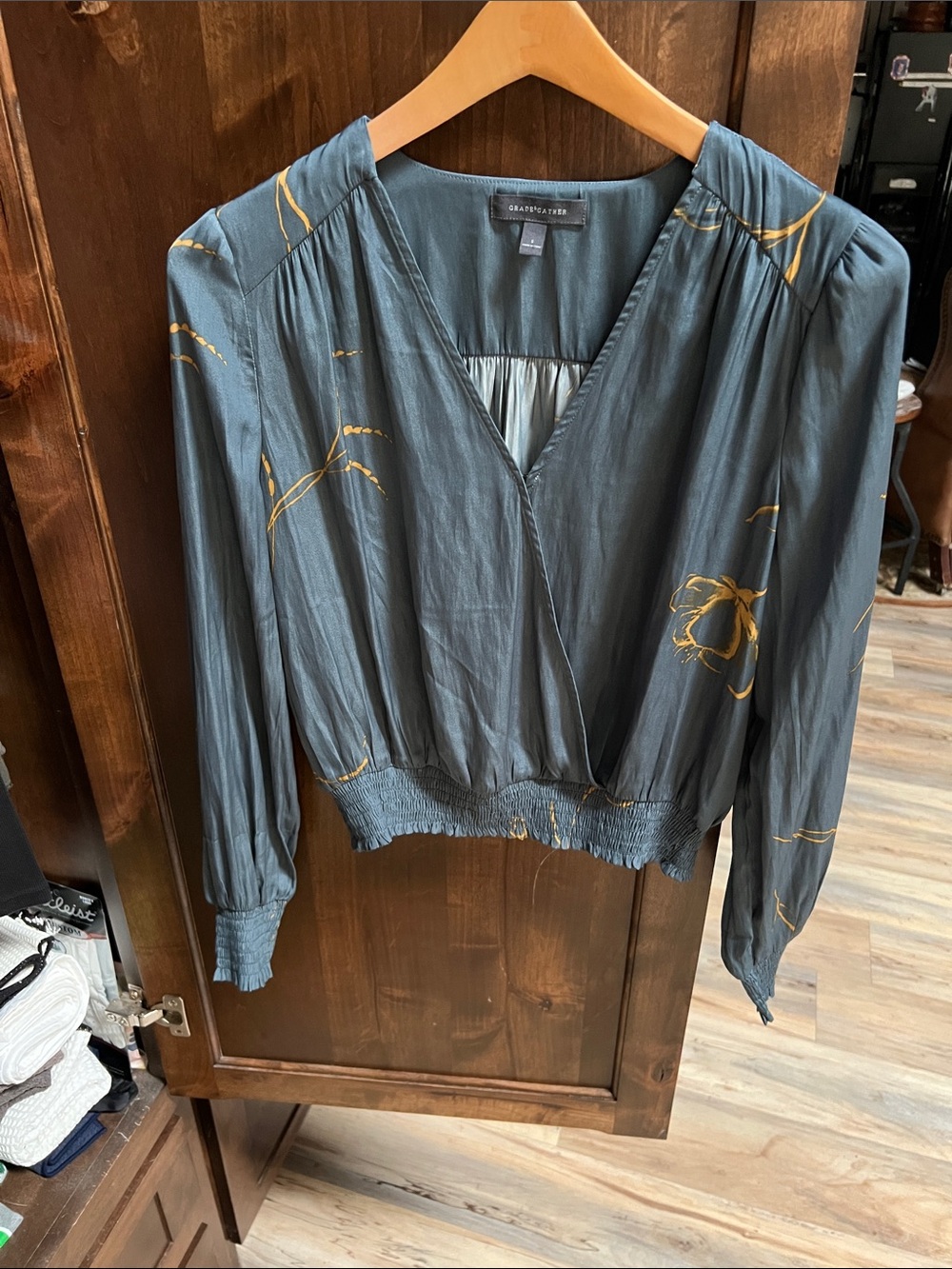 Grade & Gather Slate Blue Blouse with Gold Floral Detail